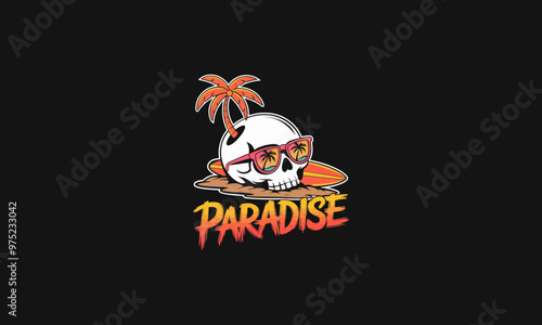 Skull with sunglasses, surfboard, and sunset scene labeled Paradise