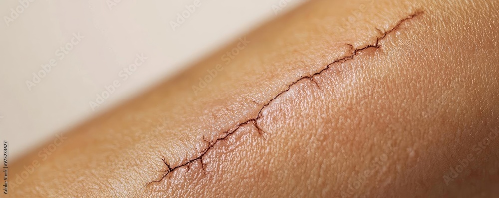 Fototapeta premium Close-up of a healing scar on skin, showcasing the texture and color of a sutured wound. Ideal for medical and health-related themes.
