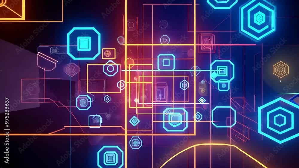 Dynamic abstract animation showcasing vibrant geometric patterns in vivid colors with glowing lines at night Dynamic abstract animation showcasing vibrant geometric patterns in vivid colors with glowing lines at night