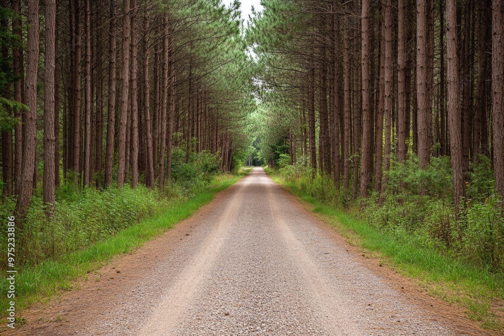 Gravel road in pine forest, rustic and rural charm Gravel road in pine forest, rustic and rural charm