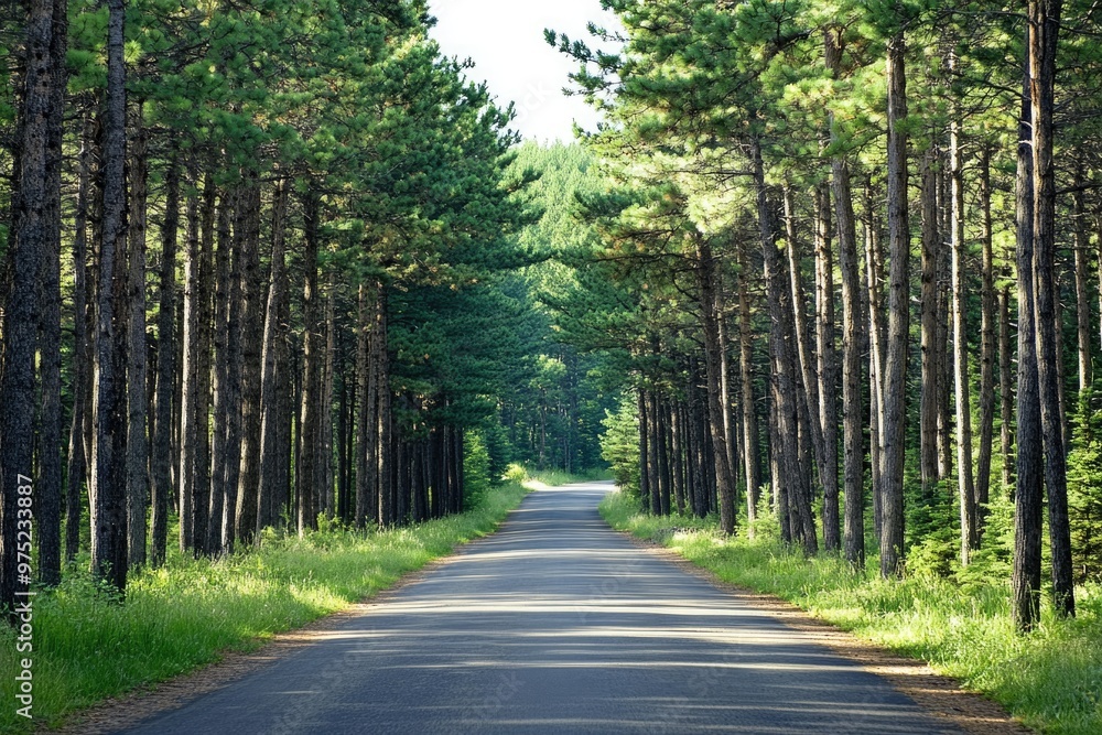 Empty road lined with towering pine trees, peaceful and isolated Empty road lined with towering pine trees, peaceful and isolated