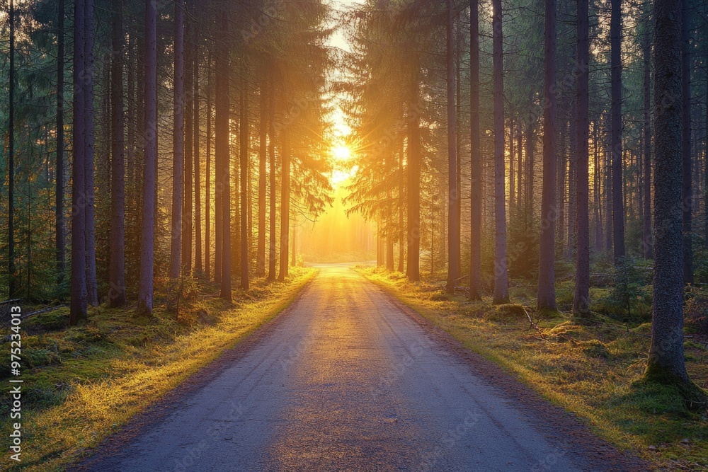 Fototapeta premium Road through a pine forest at sunrise, warm light creating a peaceful scene