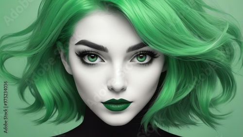 green hair color in monochromatic face aesthetic background