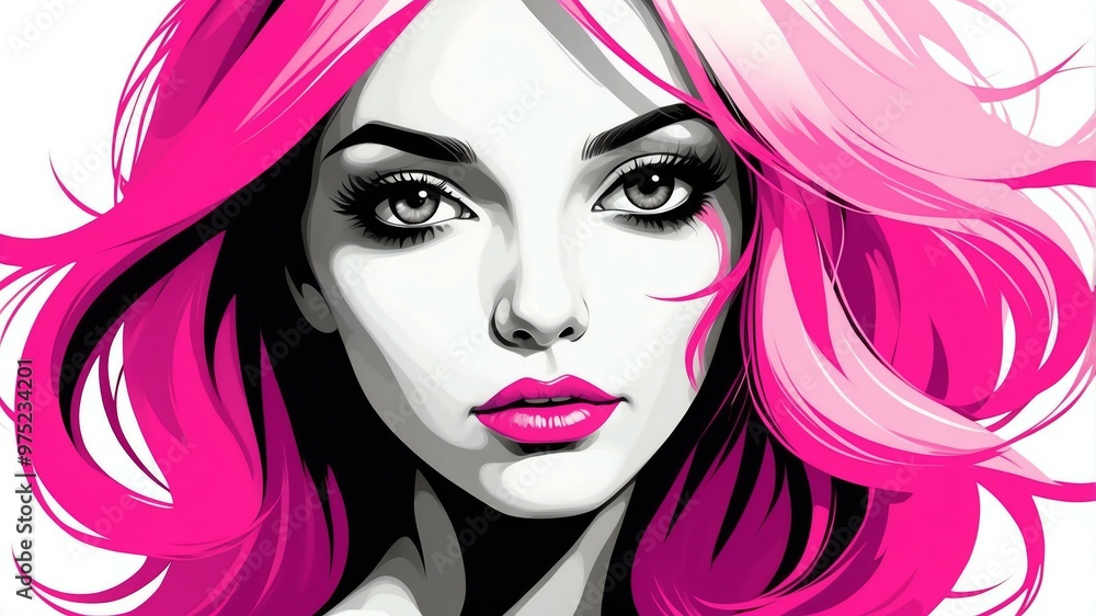 Obraz premium vibrant pink hair color in monochromatic face aesthetic background