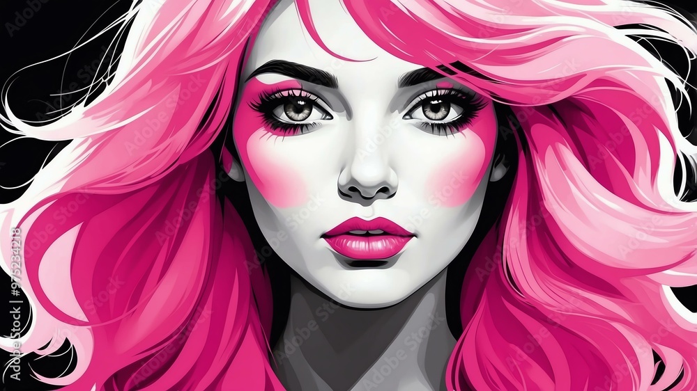 Obraz premium vibrant pink hair color in monochromatic face aesthetic background