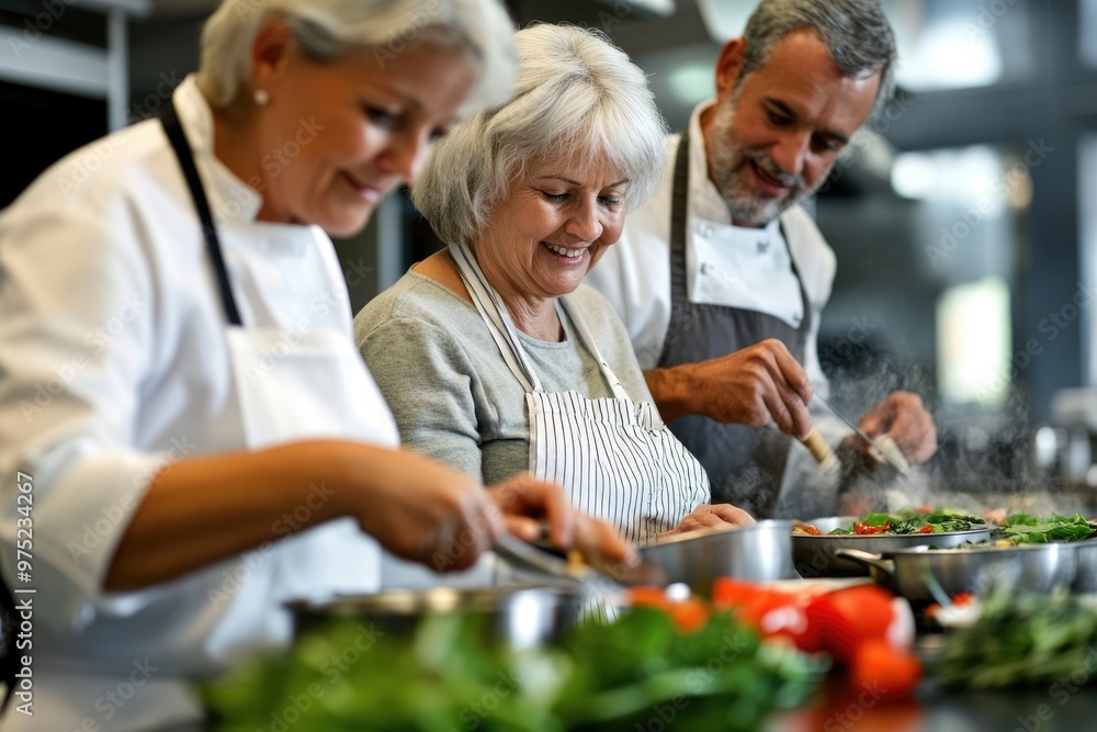 A senior couple in a cooking class, learning to prepare healthy meals together, with the instructor demonstrating techniques at the front A senior couple in a cooking class, learning to prepare healthy meals together, with the instructor demonstrating techniques at the front