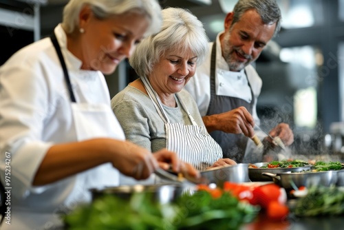Wallpaper Mural A senior couple in a cooking class, learning to prepare healthy meals together, with the instructor demonstrating techniques at the front Torontodigital.ca