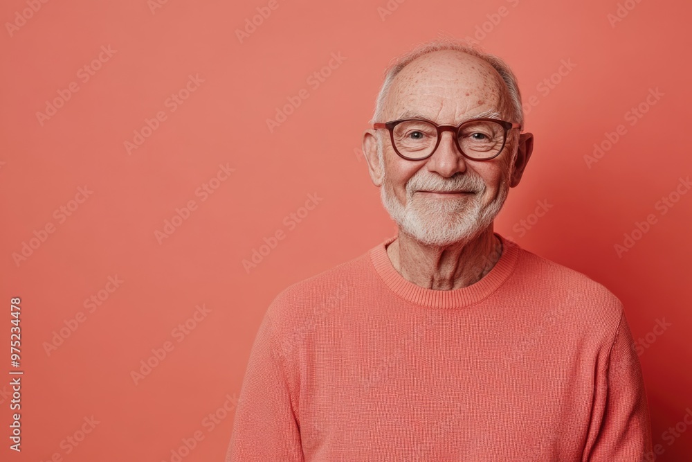 Elderly man, smiling warmly, standing against a solid light coral background with ample room for text Elderly man, smiling warmly, standing against a solid light coral background with ample room for text