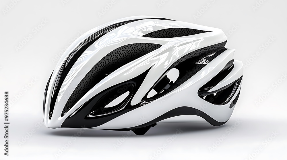 A sleek white and black bicycle helmet, designed for aerodynamic perfection. A sleek white and black bicycle helmet, designed for aerodynamic perfection.