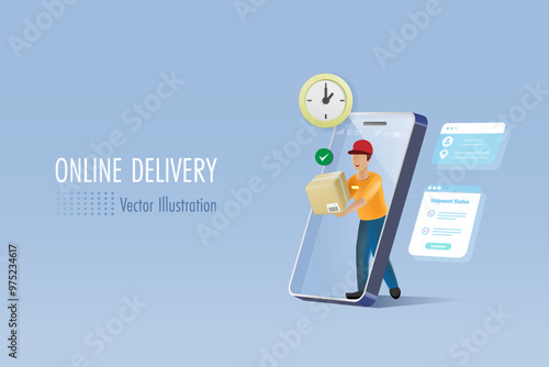 On time delivery. Online delivery shipping service. Delivery man holding shipment box on smartphone screen with clock at punctual time. 3D vector.