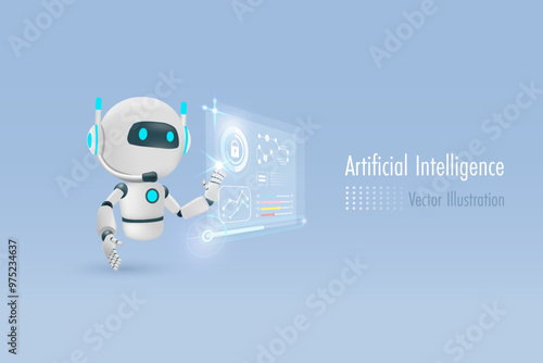 AI chat robot analyzing business graph chart. Artificial intelligence bot innovation technology defines big data and develop smart solution. 3D vector.