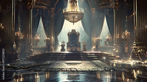 Grand throne room with golden decorations, opulent furniture and a majestic throne in the center. photo