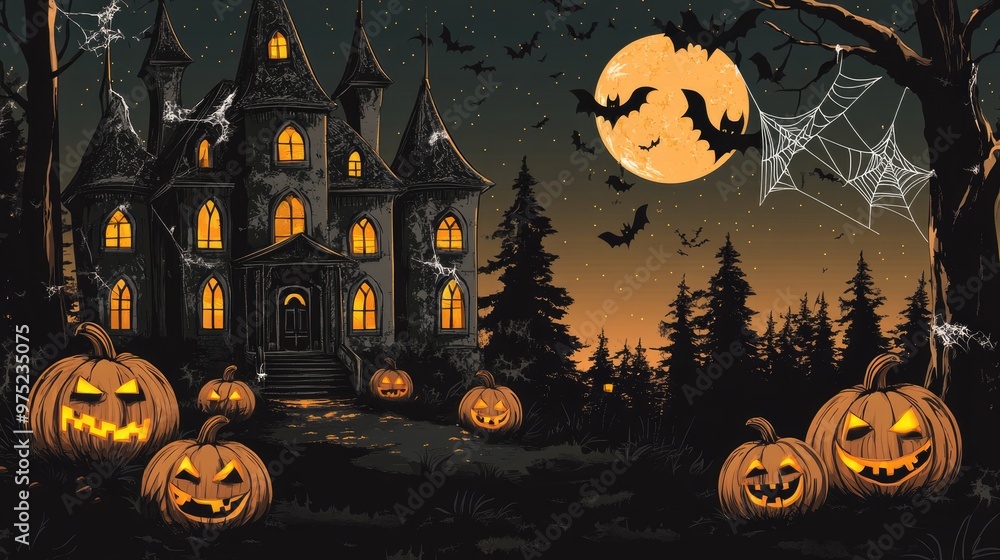 Fototapeta premium Spooky vector image of a haunted mansion, glowing pumpkins, and bats, with cobwebs hanging from trees, set against a dark night sky