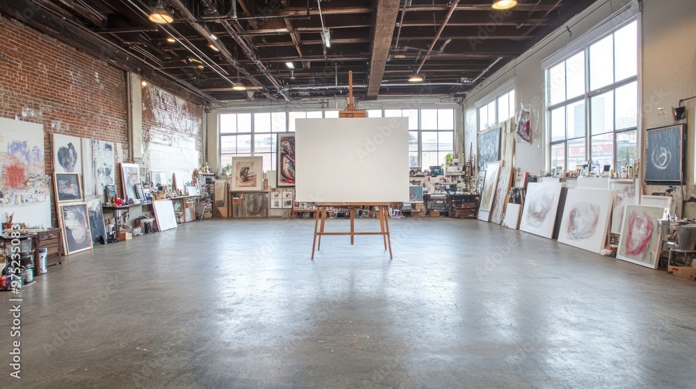A spacious art studio featuring an empty canvas on an easel, surrounded by artworks. A spacious art studio featuring an empty canvas on an easel, surrounded by artworks.