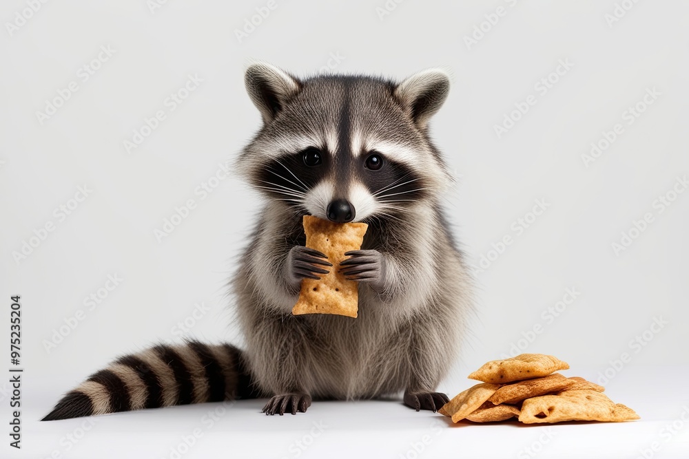 A Cute Raccoon Munching on a Snack Isolated on a White Background A Cute Raccoon Munching on a Snack Isolated on a White Background