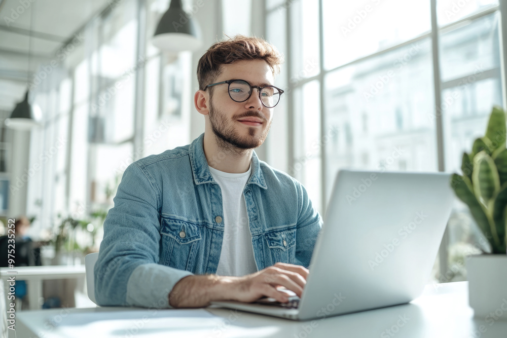 High-resolution brightly lit photorealistic candid photograph of a young marketer enjoying a productive workday on his laptop in a bright, modern office. The photograph is styled like a high-end High-resolution brightly lit photorealistic candid photograph of a young marketer enjoying a productive workday on his laptop in a bright, modern office. The photograph is styled like a high-end