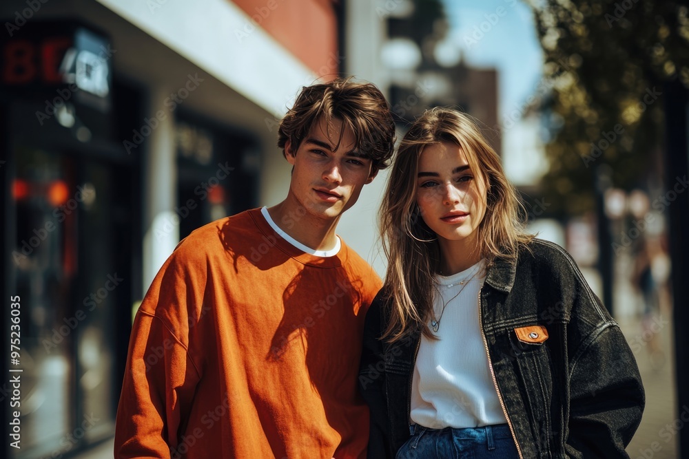 High-resolution brightly lit photorealistic candid photograph of a young couple strolling through an urban area, their fashionable clothing catching the eye. The scene is styled like a premium High-resolution brightly lit photorealistic candid photograph of a young couple strolling through an urban area, their fashionable clothing catching the eye. The scene is styled like a premium