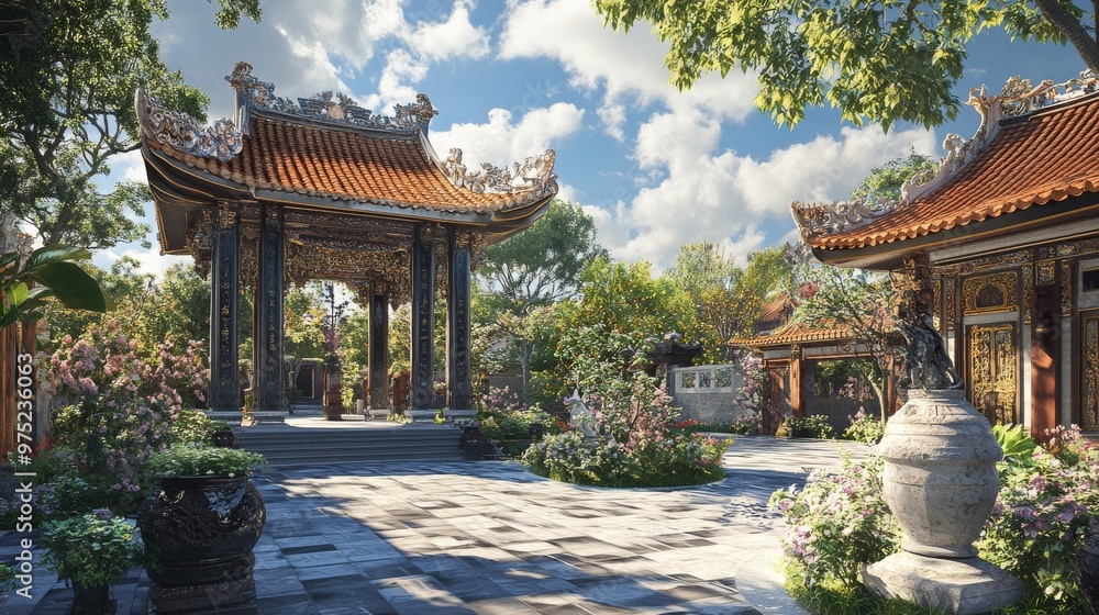 Ancient Vietnamese temple complex with intricate architecture and serene atmosphere Ancient Vietnamese temple complex with intricate architecture and serene atmosphere