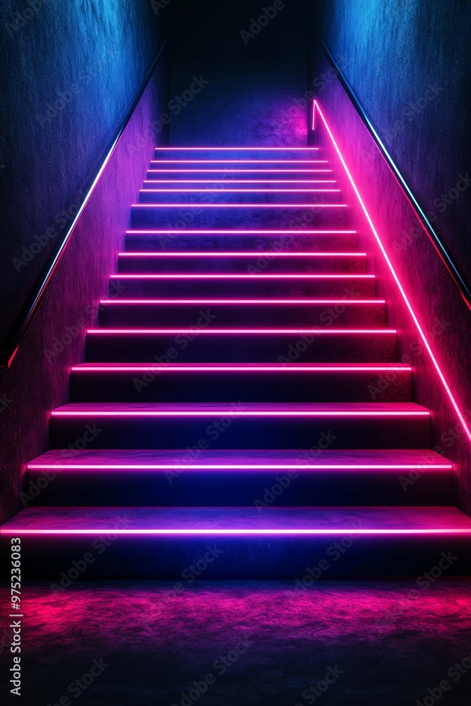 Abstract staircase made of bright neon lines leading upward, representing creative business success, climbing to success, innovation in business Abstract staircase made of bright neon lines leading upward, representing creative business success, climbing to success, innovation in business