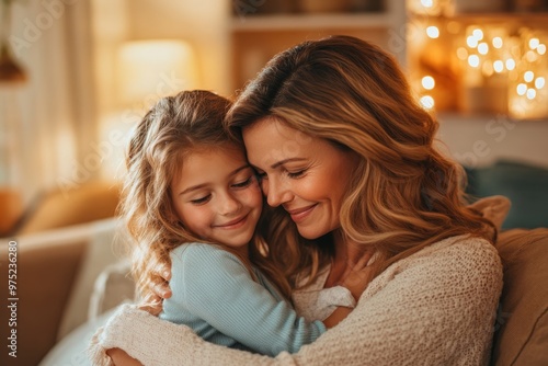 High-resolution brightly lit photorealistic candid photograph of a mother and daughter bonding together in a warm, inviting living room. The photo has a light and cheerful vibe, styled like a premium