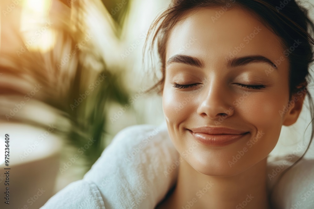 High-resolution brightly lit photorealistic photograph of a joyful presenter woman smiling gently in a peaceful massage spa, enjoying the serene atmosphere. The image is styled like a high-end High-resolution brightly lit photorealistic photograph of a joyful presenter woman smiling gently in a peaceful massage spa, enjoying the serene atmosphere. The image is styled like a high-end
