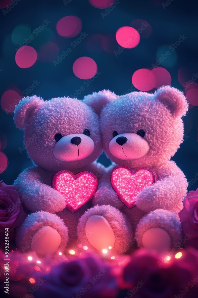 Fototapeta premium Intimate Teddy Bear Embrace Amidst Blooming Pink Flowers
