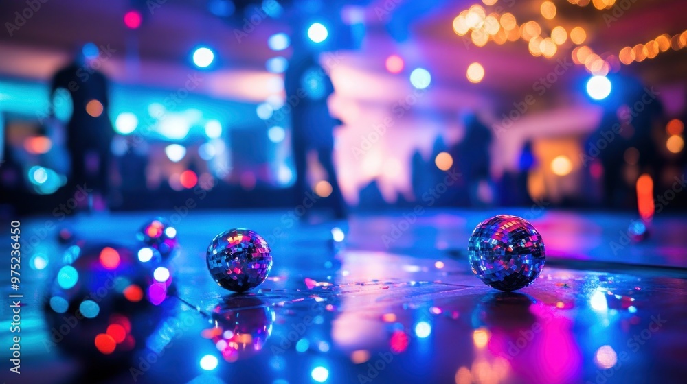 A vibrant dance floor with disco balls and colorful lights, creating a festive atmosphere. A vibrant dance floor with disco balls and colorful lights, creating a festive atmosphere.