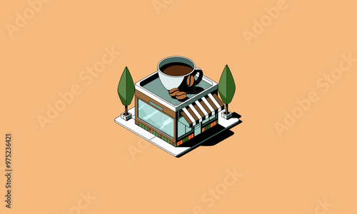 Isometric coffee shop with cup and beans on top.