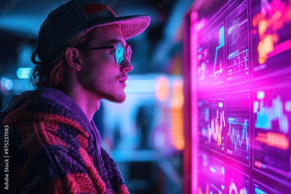 Tech-savvy Digital Shopping Assistant Analyzing Customer Trends Surrounded by Neon-lit eCommerce Graphs in a Vibrant Color Scheme Tech-savvy Digital Shopping Assistant Analyzing Customer Trends Surrounded by Neon-lit eCommerce Graphs in a Vibrant Color Scheme