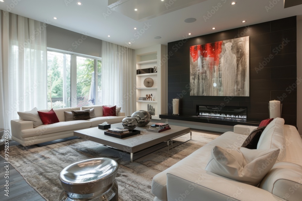 Fototapeta premium Contemporary living room with modern furnishings and chic decor