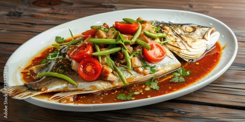 Steamed Pomfret Fish in Teo Chew Style with Tangy Mustard Tomatoes, Sausage, and Tofu in Chinese Cuisine photo