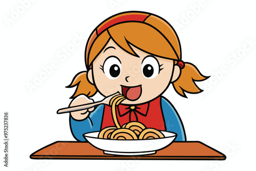 Girl eating spaghetti, vector illustration on white background.