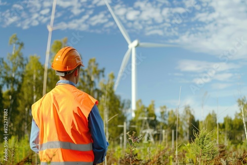 Engineer on wind turbine site, dynamic angle, renewable energy focus