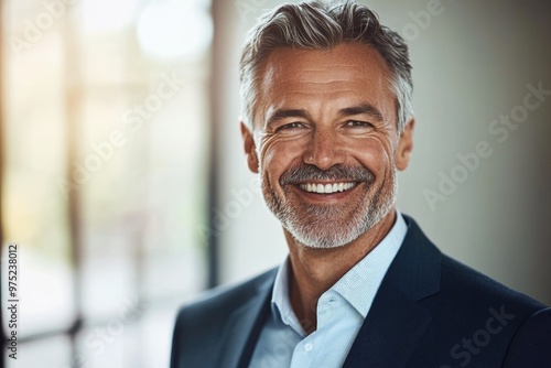 High-resolution brightly lit photorealistic candid photograph of a smiling senior businessman captured in a high-end lifestyle magazine style. The light, uplifting ambiance enhances his joyful photo