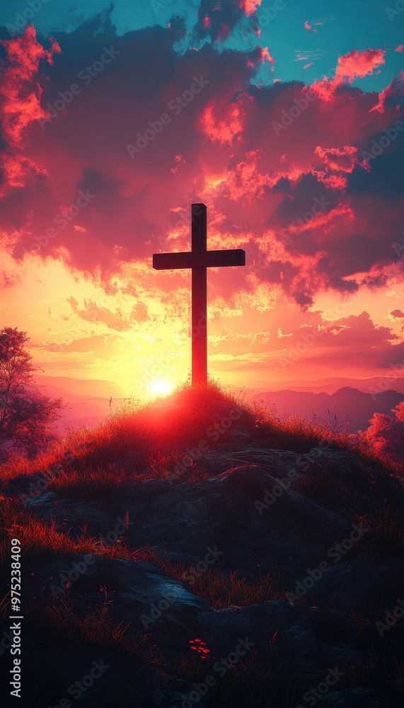 Serene Sunset Silhouette: Cross Against Vibrant Skies Serene Sunset Silhouette: Cross Against Vibrant Skies