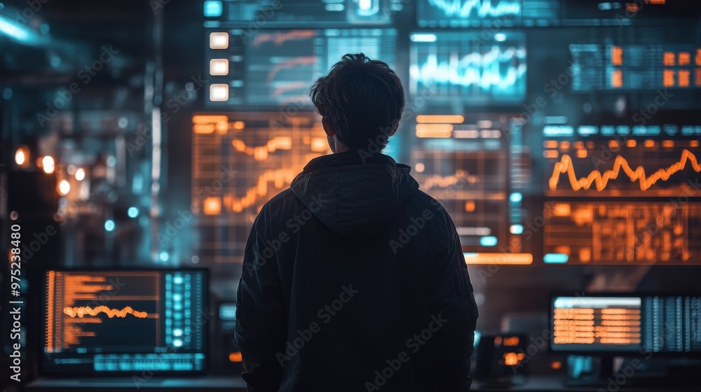 Futuristic Shopping Assistant: Neon Analysis of Stock Trends with Holographic Charts and Modern Interface Futuristic Shopping Assistant: Neon Analysis of Stock Trends with Holographic Charts and Modern Interface