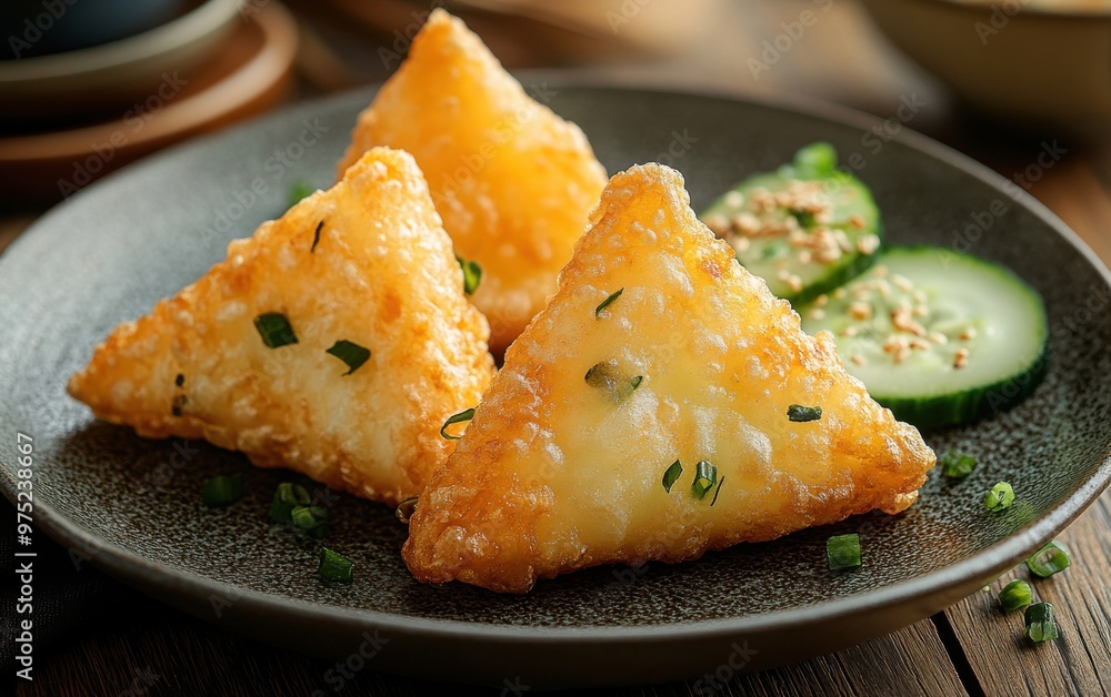 Delicious Indian-Style Triangular Pastries with Cucumber Garnish. Delicious Indian-Style Triangular Pastries with Cucumber Garnish.