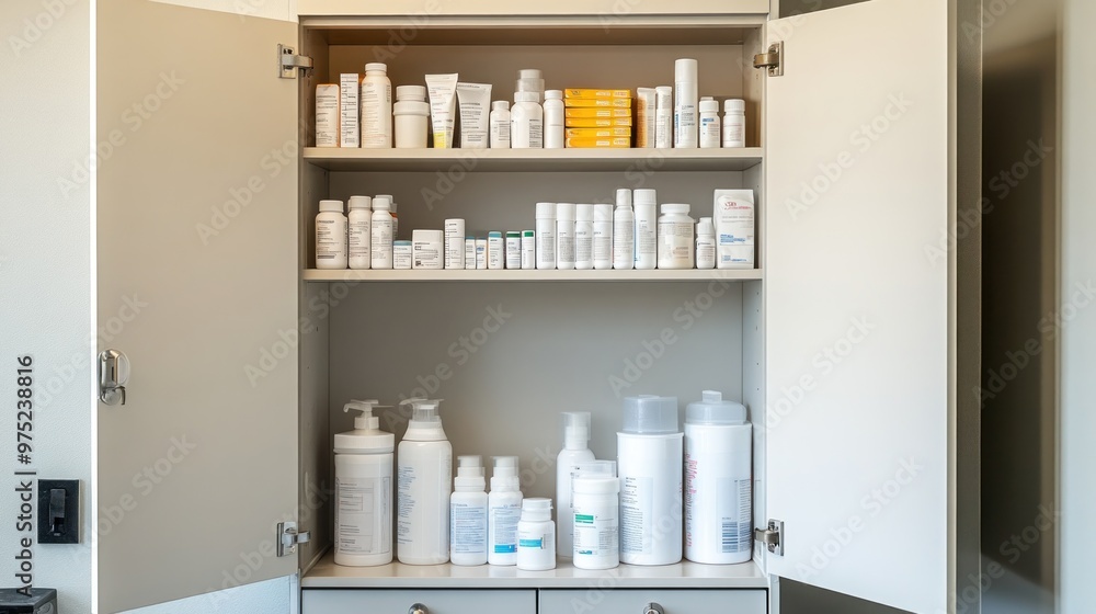A cabinet filled with various skincare and health products organized on shelves. A cabinet filled with various skincare and health products organized on shelves.