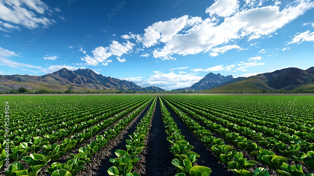 A green vegetable field stretches beneath a blue sky, with mountains in the distance. A green vegetable field stretches beneath a blue sky, with mountains in the distance.
