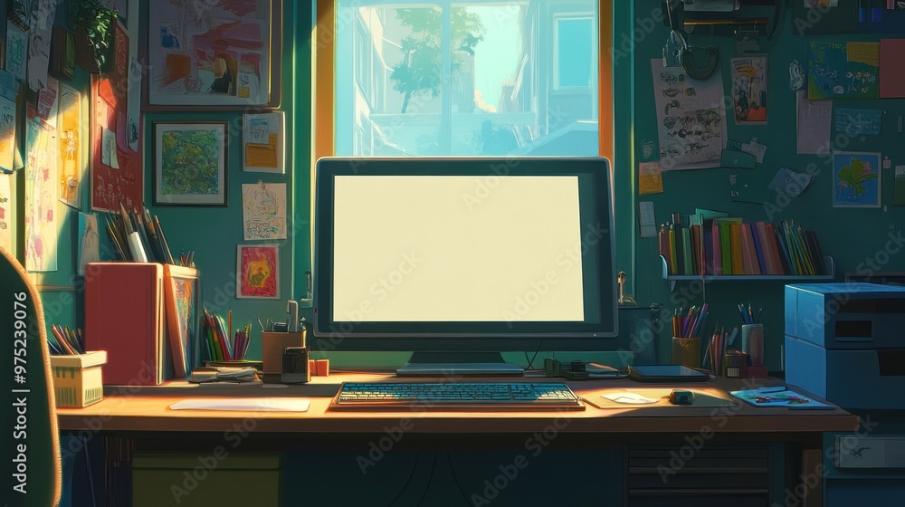 A cozy workspace with a computer, papers, and colorful decorations. A cozy workspace with a computer, papers, and colorful decorations.