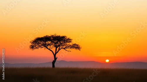 The sky bursts with color as the sun sets, casting a warm glow on the silhouette of a solitary tree in the distance