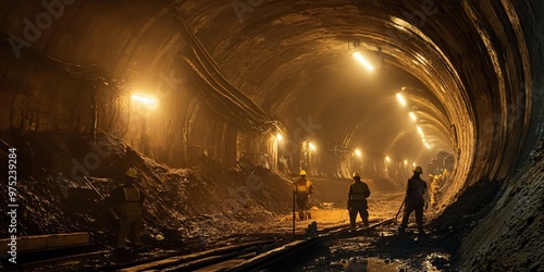 Construction workers stand in a large, dark tunnel illuminated by overhead lights.