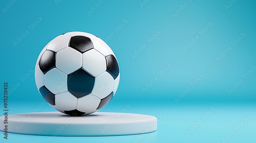 Fototapeta premium A soccer ball is displayed on a platform, set against a bright blue background.