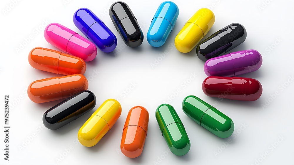 Pills and capsules form a perfect circle, neatly arranged on a clean white surface. Pills and capsules form a perfect circle, neatly arranged on a clean white surface.