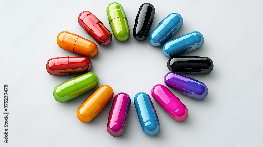 Colorful capsules are carefully arranged in a circular formation on a white backdrop. Colorful capsules are carefully arranged in a circular formation on a white backdrop.