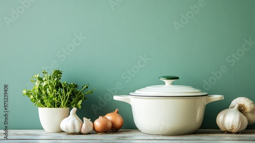 A cooking scene featuring a pot, garlic, onions, and fresh herbs on a wooden surface.