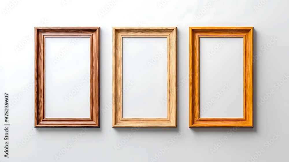 Empty wooden picture frames hang in minimalist style on a clean white wall. Empty wooden picture frames hang in minimalist style on a clean white wall.