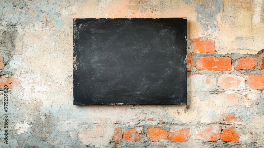A blank chalkboard is mounted on a rustic brick wall, creating a simple yet inviting space for learning and creativity A blank chalkboard is mounted on a rustic brick wall, creating a simple yet inviting space for learning and creativity