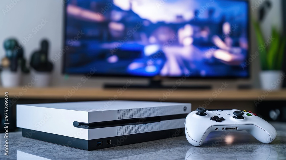 A gaming console and controller on a table with a TV displaying a video game in the background. A gaming console and controller on a table with a TV displaying a video game in the background.