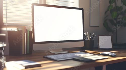 A modern workspace featuring a computer, keyboard, and stationery on a wooden desk.